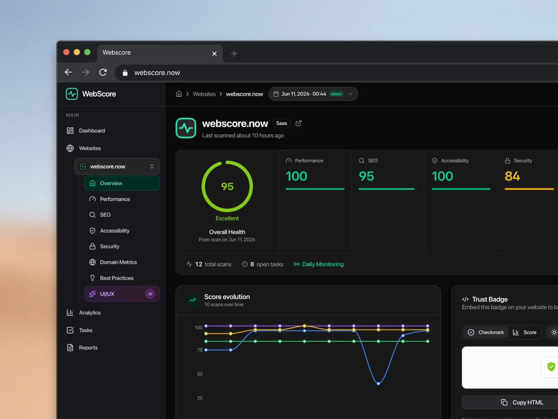 WebScore demo report showing performance, SEO, accessibility and security scores