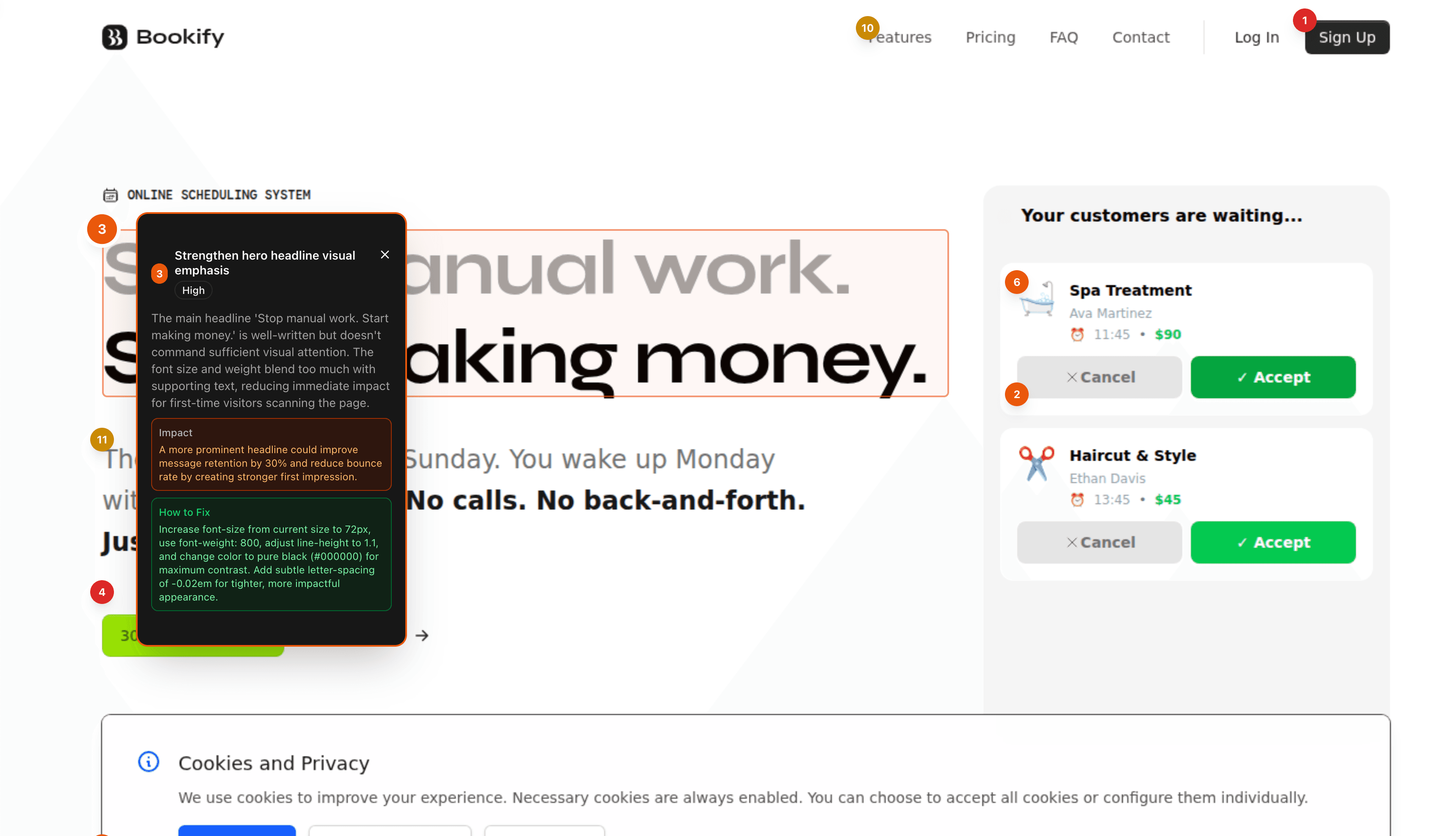 UI/UX Audit Report Example - AI-annotated screenshot with design recommendations